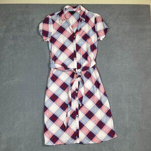 Rock & Republic Women’s Dress XS Red White Blue Plaid Button Front Belted‎ Midi